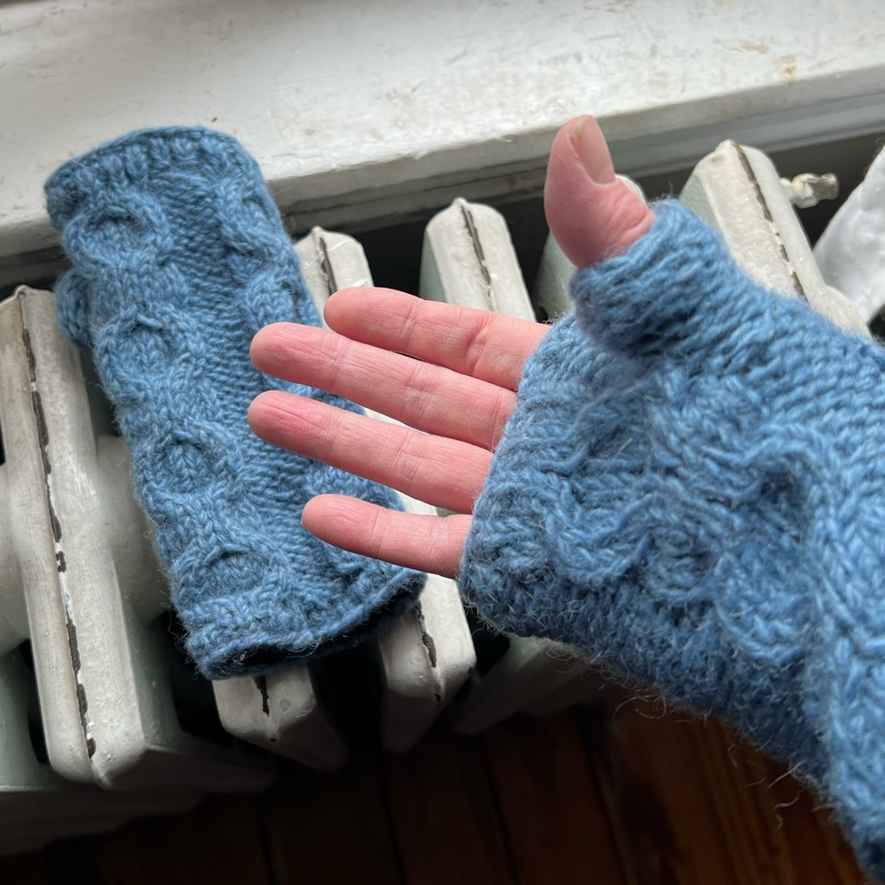 Blue Wool winter fingerless gloves